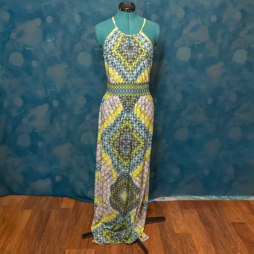 London Times Yellow Blue Patterned Maxi Dress